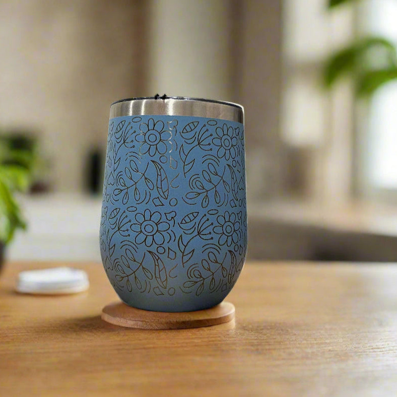 Engraved floral insulated travel coffee and wine cup