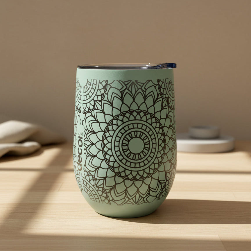 green mandala engraved design on tumbler
