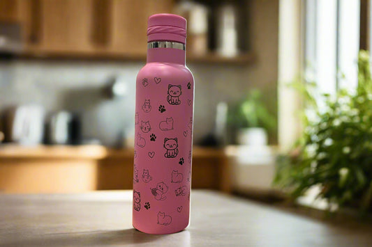 Laser engraved customised kitty cat insulated water bottle