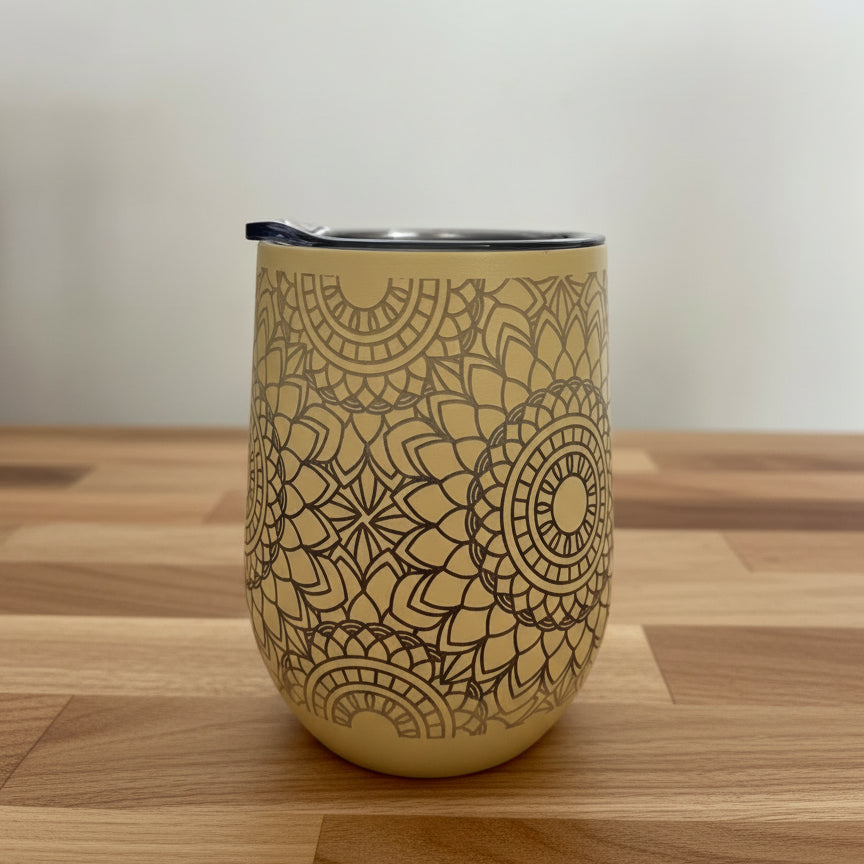custom engraved yellow mandala tumbler
